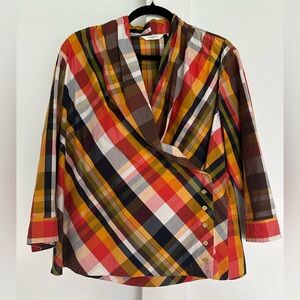Liz Clairborne Vintage Plaid Wrap Cotton Blouse Deep V Button Preppy Cottagecore